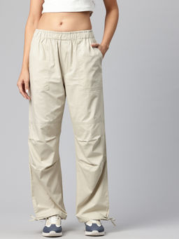 Popnetic - Women Loose Fit Beige High-Rise Parachute Cargo Trouser