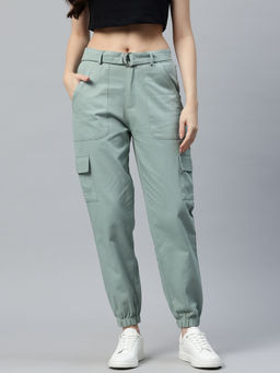 Popnetic - Women Sea Green High-Rise Cargo Joggers with Belt