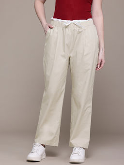 Popnetic - Women Solid Beige Wide-Leg Trousers With Double Waistband