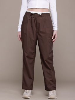 Popnetic - Women Solid Coffee Brown Wide-Leg Trousers With Double Waistband