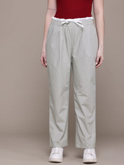 Popnetic - Women Solid Metallic Grey Wide-Leg Trousers With Double Waistband