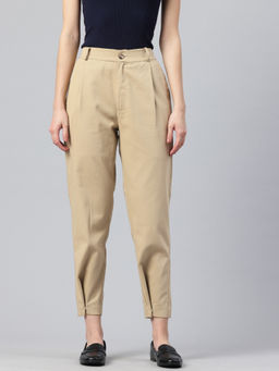 Popnetic - Women Solid Beige Tapered Fit Pleated Trousers
