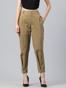 Popnetic - Women Solid Khaki Tapered Fit Pleated Trousers