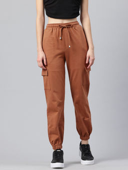 Popnetic - Women Solid Rust Brown Cotton Cargo Joggers