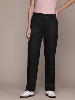 Popnetic - Women Solid Black Flat-Front High-Rise Trouser
