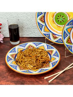 EZ Life - Bohemian 11 Inch Ceramic Serving, Dinner Plate Pack Of 6 Blue, Yellow, Orange Dinnerware