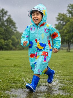 Little Surprise Box - Blue Sunshine Doodle Knee Length Raincoat