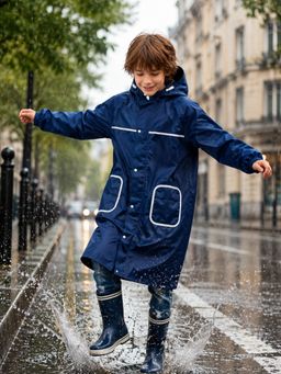 Little Surprise Box - Navy Blue Pocket Patch Long Raincoat for Kids & Teens