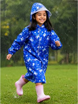 Little Surprise Box - Navy Blue Unicorn Print Knee Length Raincoat