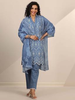 Libas - Blue Schiffli Embroidered Kurta With Pant And Dupatta (Set of 3)