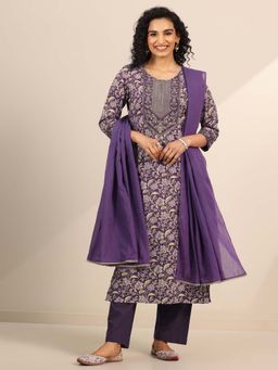 Libas - Purple Floral Printed Kurta With Pant And Dupatta (Set of 3)