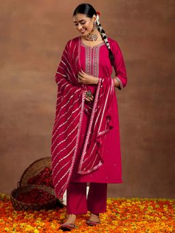 Gerua By Libas - Pink Embroidered Straight Kurta And Pant With Dupatta (Set of 3)