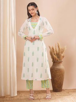 FASHOR - White Floral Printed A-Line Kurta And Printed Palazzo (Set of 2)
