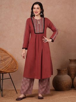FASHOR - Rust Ethnic Printed A-Line Kurta With Palazzo (Set of 2)