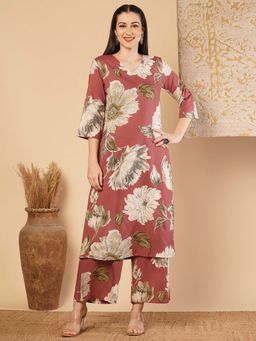 FASHOR - Brown Floral Printed Straight Fit Co-Ord (Set of 2)