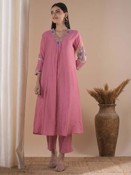 FASHOR - Pink Floral Embroidered A-Line Co-Ord (Set of 2)