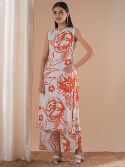 FASHOR - White Floral Printed A-Line Paneled Co-Ord (Set of 2)