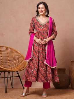 FASHOR - Multi-Color Leheriya Embroidered Anarkali With Pant And Dupatta (Set of 3)