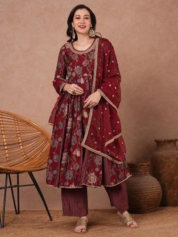 FASHOR - Maroon Floral Embroidered Anarkali With Palazzo And Dupatta (Set of 3)