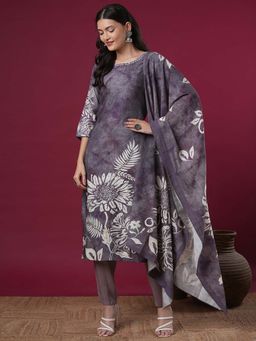 FASHOR - Grey Floral Printed Kurta With Pant And Dupatta (Set of 3)