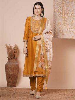 FASHOR - Mustard Floral Embroidered Kurta With Pant And Dupatta (Set of 3)