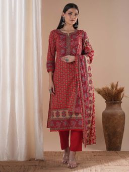 FASHOR - Red Floral Printed Straight Kurta With Pant And Dupatta (Set of 3)