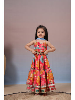 CASA NINOS - Girls Multi-Color Floral Gota Layered Lehenga with Choli & Dupatta (Set of 3)