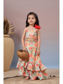 CASA NINOS - Girls Multi-Color Floral Enhanced Ruffle Lehenga with Choli (Set of 2)