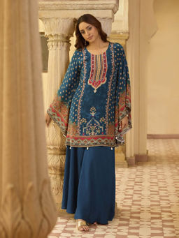 Autumnlane - Aster Blue Printed Sequined Kaftan with Palazzo