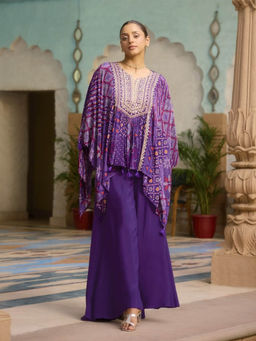 Autumnlane - Aster Purple Embroidered Bandhani Kaftan with Palazzo