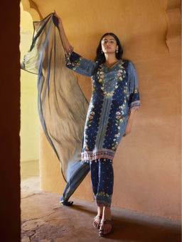 Autumnlane - Aster Blue Floral Beads Work Kurta with Pant and Dupatta