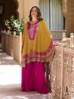 Autumnlane - Aster Yellow-Pink Printed Mirror Work Kaftan with Palazzo