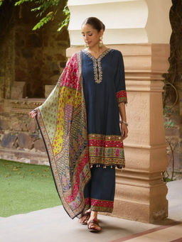 Autumnlane - Aster Navy Blue Embroidered Kurta with Pant and Dupatta