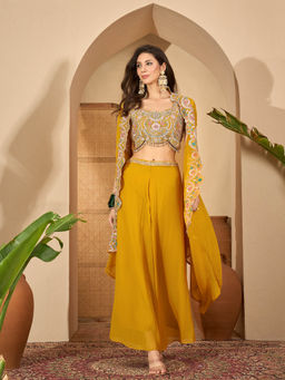 Stylum - Yellow Embroidered Crop Top with Palazzo and Shrug