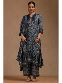 Soch - Indigo Dola Silk Floral Printed Kurta with Palazzo and Dupatta