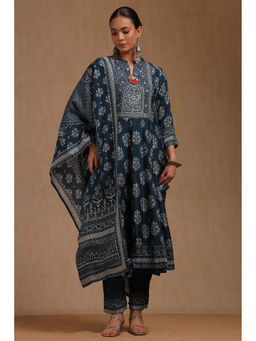 Soch - Indigo Dola Silk Block Printed Anarkali Kurta with Pant and Dupatta