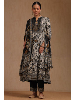 Soch - Off White-Black Floral Printed Anarkali Kurta with Pant and Dupatta