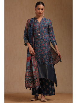 Soch - Blue Dola Silk Floral Printed Kurta with Palazzo and Dupatta