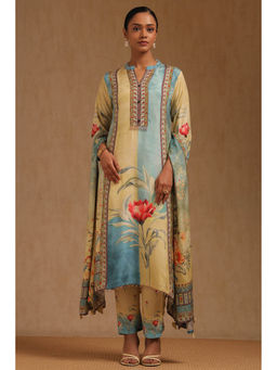 Soch - Yellow-Blue Muslin Floral Printed Kurta with Pant and Dupatta