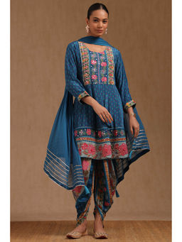 Soch - Blue Crepe Floral Print Kurta with Dhoti and Dupatta