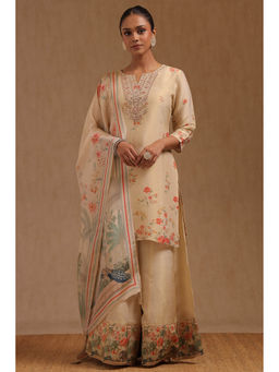 Soch - Beige Tissue Floral Print Embroidered Kurta with Palazzo and Dupatta