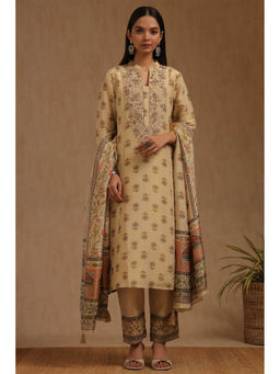 Soch - Beige Tissue Floral Embroidered Kurta with Pant and Dupatta