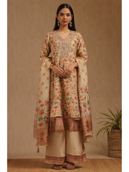 Soch - Beige Tissue Floral Embroidered Kurta with Palazzo and Dupatta