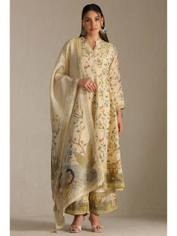 Soch - Beige Tissue Botanical Floral Printed Kurta with Palazzo and Dupatta