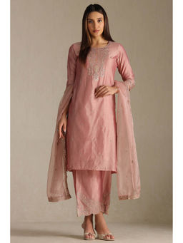 Soch - Onion Pink Chanderi Embroidered Kurta with Palazzo and Dupatta