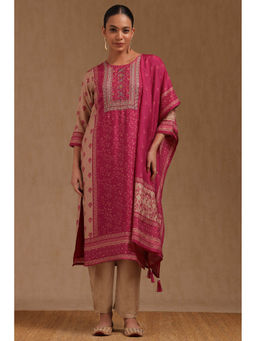 Soch - Fuchsia Pink Dola Silk Printed Kurta with Pant and Dupatta