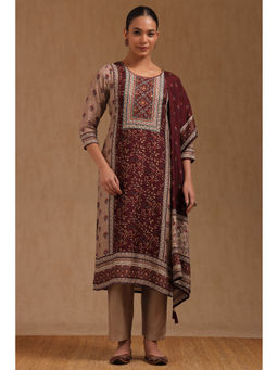 Soch - Brown Dola Silk Printed Kurta with Pant and Dupatta
