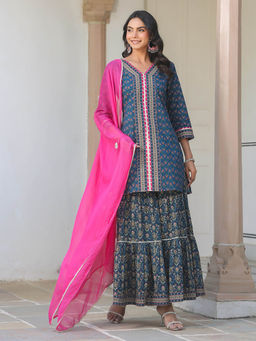 Janasya - Blue Floral Printed Straight Kurta with Sharara and Dupatta