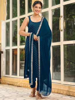 Janasya - Teal Rayon Printed Straight Kurta with Pant and Dupatta