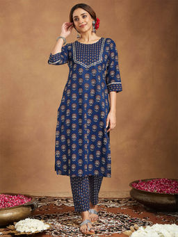Janasya - Dark Blue Pure Cotton Floral Printed Straight Kurta with Pant